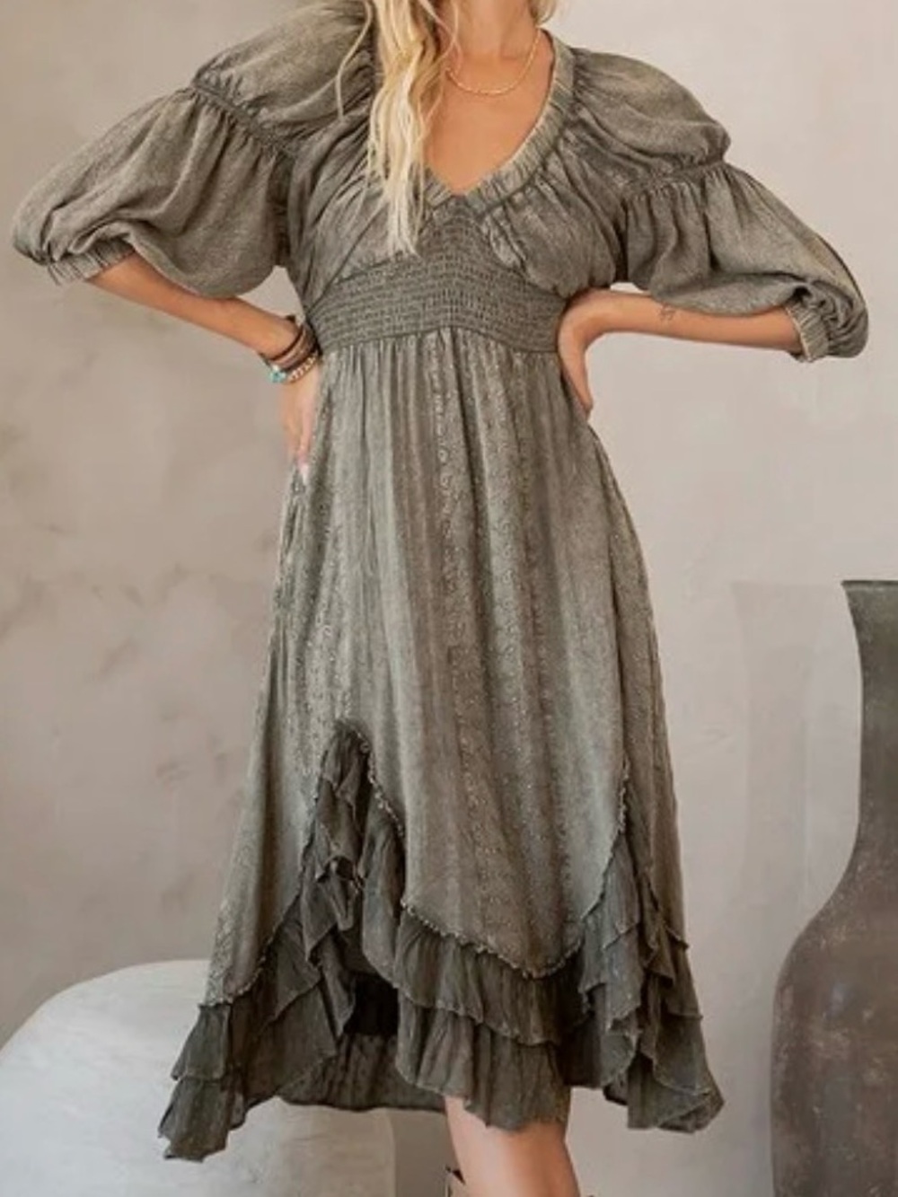 Young Threads V Neck Shirred Patchwork Ruffled Midi Vintage Style Dress